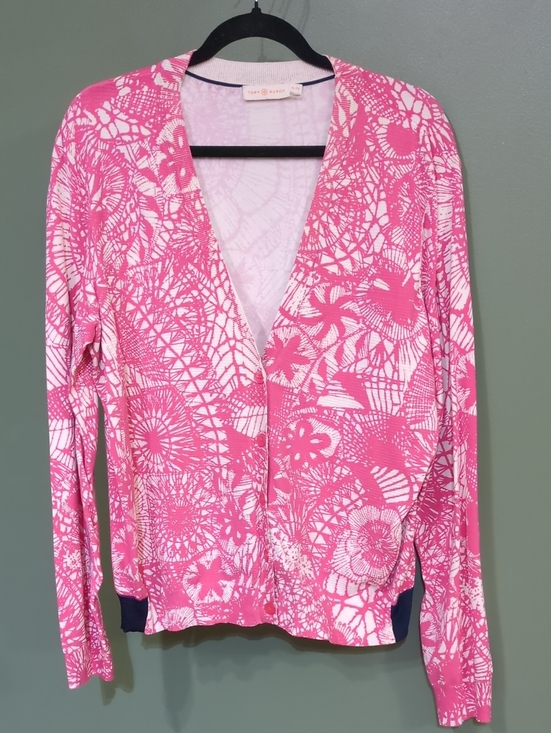 Tory Burch Sweaters - Tory Burch Pink Pattern V Neck Button Sweater W/ Navy Bomber Style Hem Sz XL